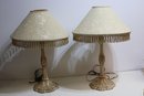 Vintage Pair Of White Painted Metal Lamps With Decorative Shades