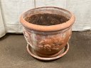 A Large Embossed Terracotta Pot & Saucer With A Great, Aged Patina