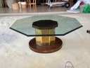 A Vintage Modern Octagonal Glass Top Coffee Table In Burled Walnut And Brass By Mastercraft, C. 1980's