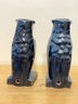Pair Of Vintage Blue Glazed Pottery Owl Forms-Previously Lamps