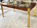 A Vintage Modern Burl Wood And Brass Dining Table With Inset Glass Panels By Century Furniture, C. 1970's