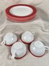 Vintage Pyrex Milk Glass Plates With Red Band 10' With Matching Cups 4' No Chips