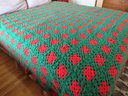 Vintage Hand Sewn Green And Red Patchwork Croquet Bedspread Blanket