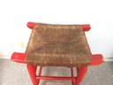 Red Paint Wood Rush Seat Bar Stool