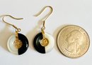 14K GOLD ONYX MOTHER OF PEARL AND ASIAN SYMBOL DANGLE EARRINGS