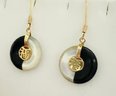 14K GOLD ONYX MOTHER OF PEARL AND ASIAN SYMBOL DANGLE EARRINGS