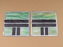 Pair Of Copper Mica & Green Hues Stained Glass 'T' Pattern Windows