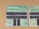 Pair Of Copper Mica & Green Hues Stained Glass 'T' Pattern Windows