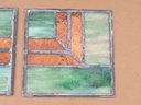 Pair Of Copper Mica & Green Hues Stained Glass Pattern Windows
