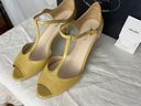 Prada 'Vernice Soft Quarzo' Honey Yellow Patent Leather Peep-Toe Pumps, Retail $595