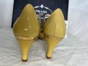 Prada 'Vernice Soft Quarzo' Honey Yellow Patent Leather Peep-Toe Pumps, Retail $595