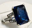 ART DECO STYLE STERLING SILVER SYNTHETIC BLUE SAPPHIRE RING