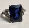 ART DECO STYLE STERLING SILVER SYNTHETIC BLUE SAPPHIRE RING