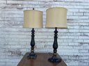 2 Traditionally Styled Plastic Black & Gold Table Lamps With Shades.