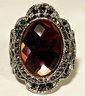 Signed Silver Tone Ladies Ring Having Large Purple Stone And Marcasites Size 8.5