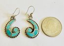 VINTAGE NATIVE AMERICAN SIGNED JB STERLING SILVER TURQUOISE INLAID DANGLE EARRINGS