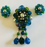 VINTAGE WEST GERMANY RHINESTONE FAUX PEARL AND PLASTIC BEAD BROOCH AND CLIP ON EARRINGS