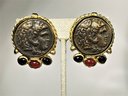 Signed LAZARO Roman Coin And Cabochon Stone Earrings Ear Clips