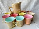Mid-century Modern, MCM Basket Weaved Plastic Pitcher And 11 Cups.