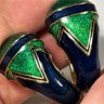 Pair Fine Signed CINER Gold Tone Black And Green Enamel Earrings Ear Clips 1980s