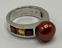 New Sterling Silver Ring With Fresh Water Pearl, Garnets & Citrine By Honora, Marked 925, Size 7