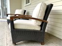 Pair Gloster Outdoor Black Wicker & Wood Club Chairs & Circular Side Table