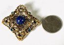 VINTAGE SIGNED M GOLD TONE FAUX LAPIS/PEARL BROOCH