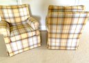 Pair Lovely Custom Yellow Plaid Swivel Club Chairs