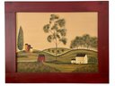 Country Scene On Board With Red Frame