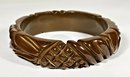 Fine Antique Bakelite Plastic Heavily Carved Chocolate Brown Bangle Bracelet
