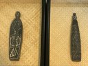 Two Vintage Late 20th Century African Art Carvings. Each Is Displayed In A Basketweave Lined Shadowbox.