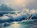 Original Waterscape Painting Signed Crashing Ocean Waves 23x19in