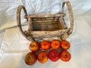 Rustic Style Vintage Folk Art, Twig / Branch Basket With Handles. Filled With Realistic Fake Apples.
