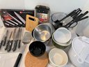 20 Plus Piece Kitchen Lot!! Much Of It New - Knife Set, Cutting Board, Copco Salad Spinner, Mixing Bowls Etc