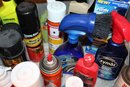 Two Tired Work Bench Full Of Mixed Indoor/Outdoor Cleaners, Sprays, Oils, Etc.