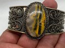 Large STERLING SILVER Cuff Bracelet With Vibrant Yellow To Slate Gemstone