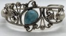 Fine STERLING SILVER Cuff Bracelet With A Middle Eastern Turquoise And Natural Pearls