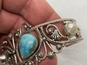 Fine STERLING SILVER Cuff Bracelet With A Middle Eastern Turquoise And Natural Pearls