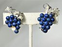 Vintage Sterling Silver And Genuine Lapis Lazuli Clip Earrings Grape Clusters