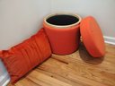 Orange Storage Footstool Ottoman & Bright Orange Throw Pillow