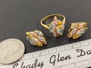 VINTAGE GOLD TONE MULTI COLORED CZ STONE RING & EARRINGS SET