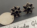 ANTIQUE VICTORIAN 14K GOLD JET & SEED PEARL FLOWER SCREW BACK MOURNING EARRINGS