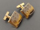 VINTAGE GOLD TONE CARVED TIGERS EYE STONE CENTURIAN SOLDIER CAMEO CUFFLINKS