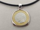 STERLING SILVER RUBBER CORD NECKLACE W/ STERLING & ITALIAN COIN PENDANT
