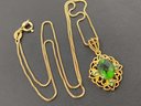 NICE GOLD OVER STERLING SILVER FILIGREE GREEN CZ STONE NECKLACE