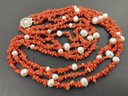VINTAGE MULTI STRAND NATURAL CORAL CHUNK & PEARL NECKLACE W/ STERLING SILVER FILIGREE CLASP