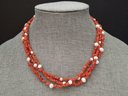 VINTAGE MULTI STRAND NATURAL CORAL CHUNK & PEARL NECKLACE W/ STERLING SILVER FILIGREE CLASP