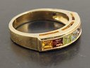 BEAUTIFUL GOLD OVER STERLING SILVER CHANNEL SET MULTI GEMSTONE RING
