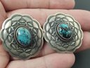 VINTAGE NATIVE AMERICAN STERLING SILVER TURQUOISE CONCHO EARRINGS
