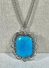 Vintage Sterling Silver 24' Long Chain Necklace Having Turquoise Sterling Pendant